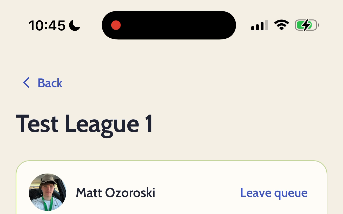 Top of the LittlePickle league screen showing the Test League 1 player queue.