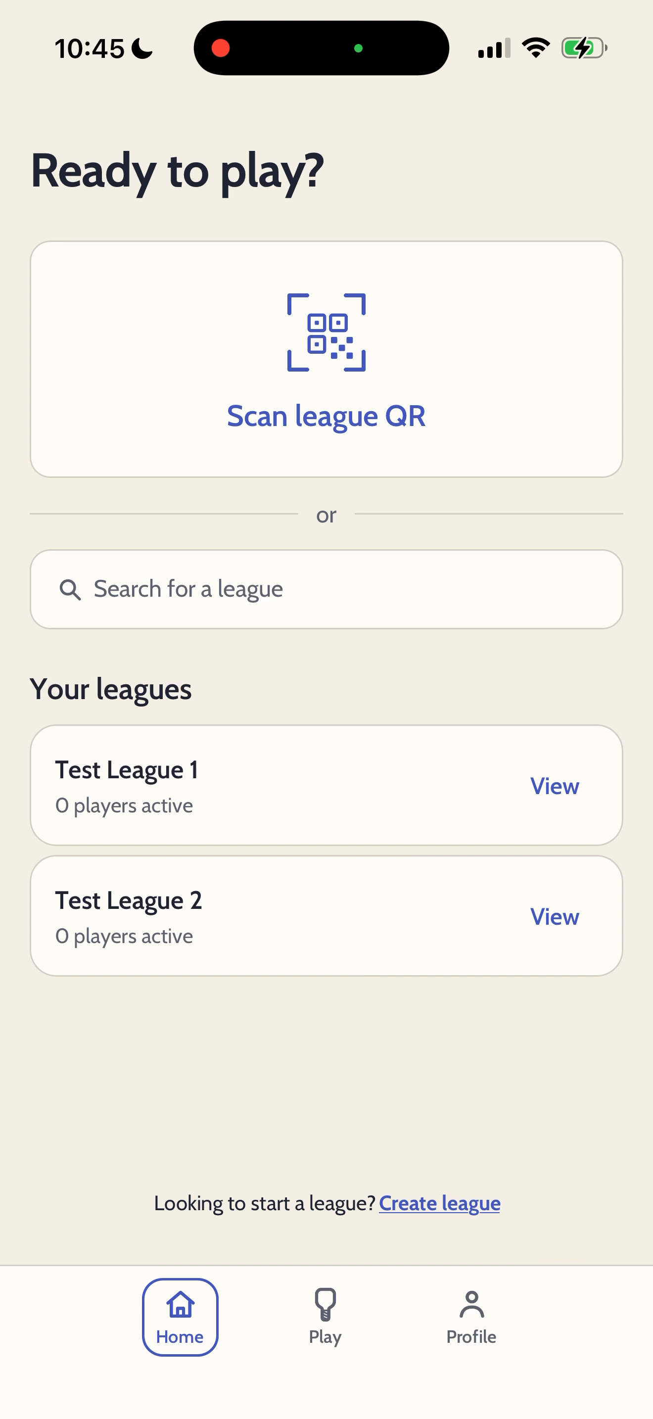 LittlePickle home screen with options to scan a league QR code or search for a league, plus local league activity counts.