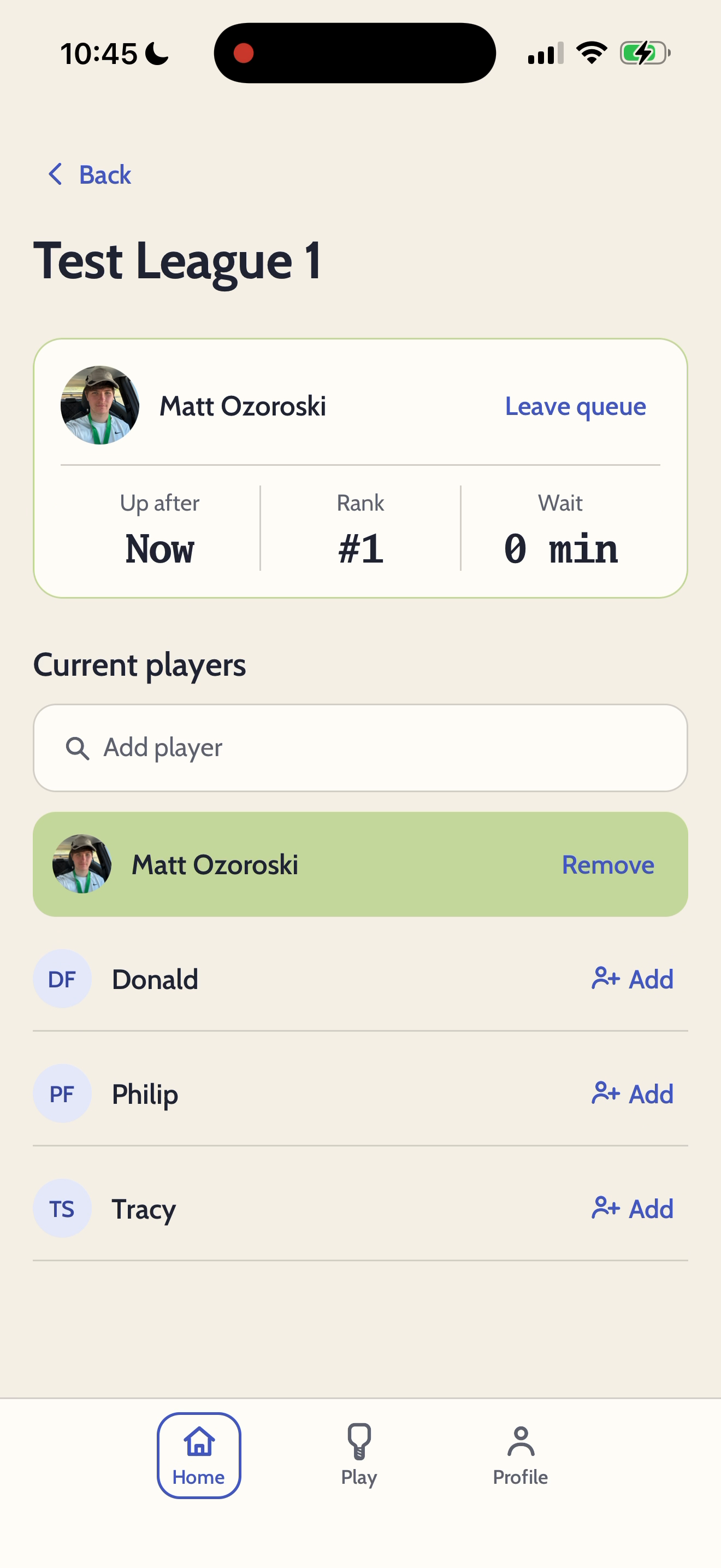 LittlePickle league screen showing the current player's queue position, rank, wait time and controls for adding other players.