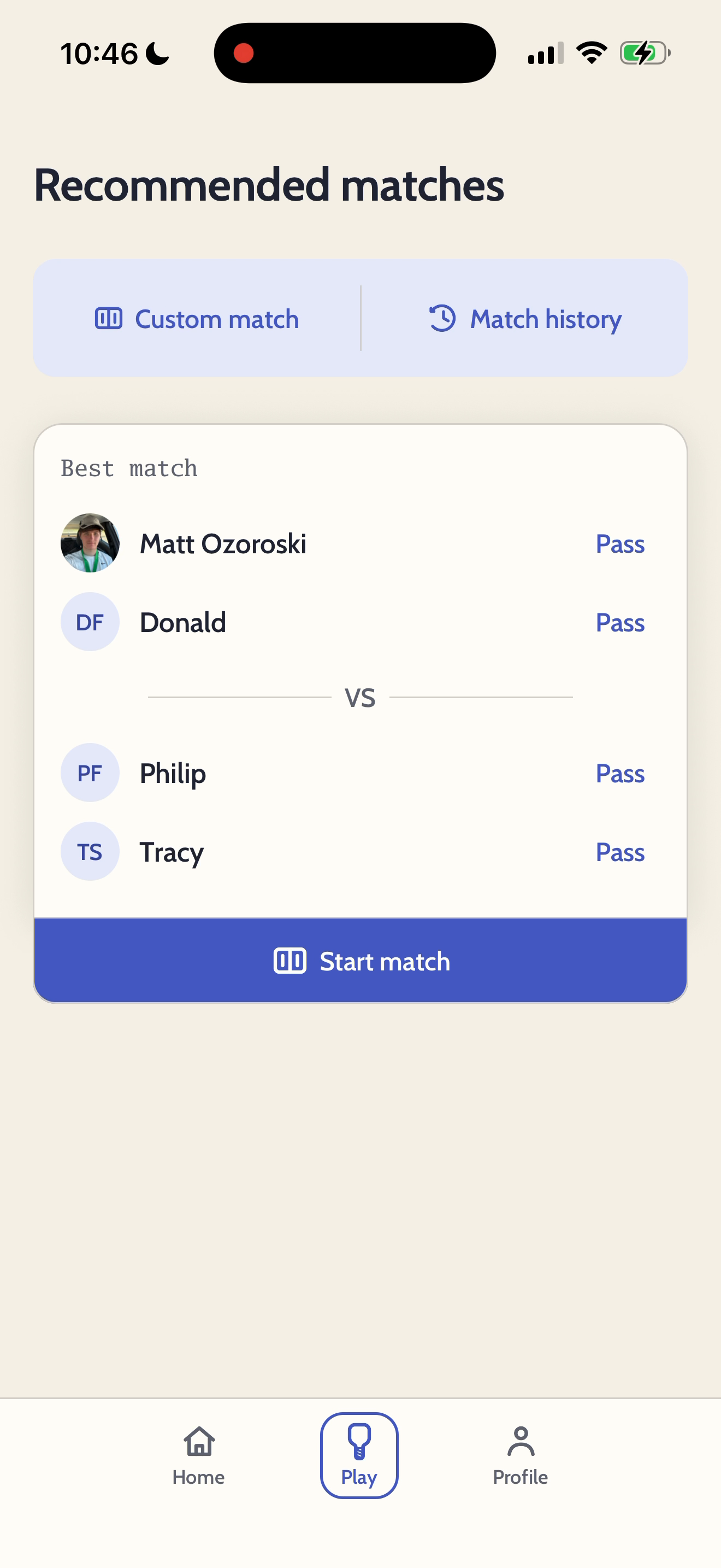 LittlePickle recommended matches screen with controls for creating a custom match, viewing match history, choosing the best match and passing a turn.