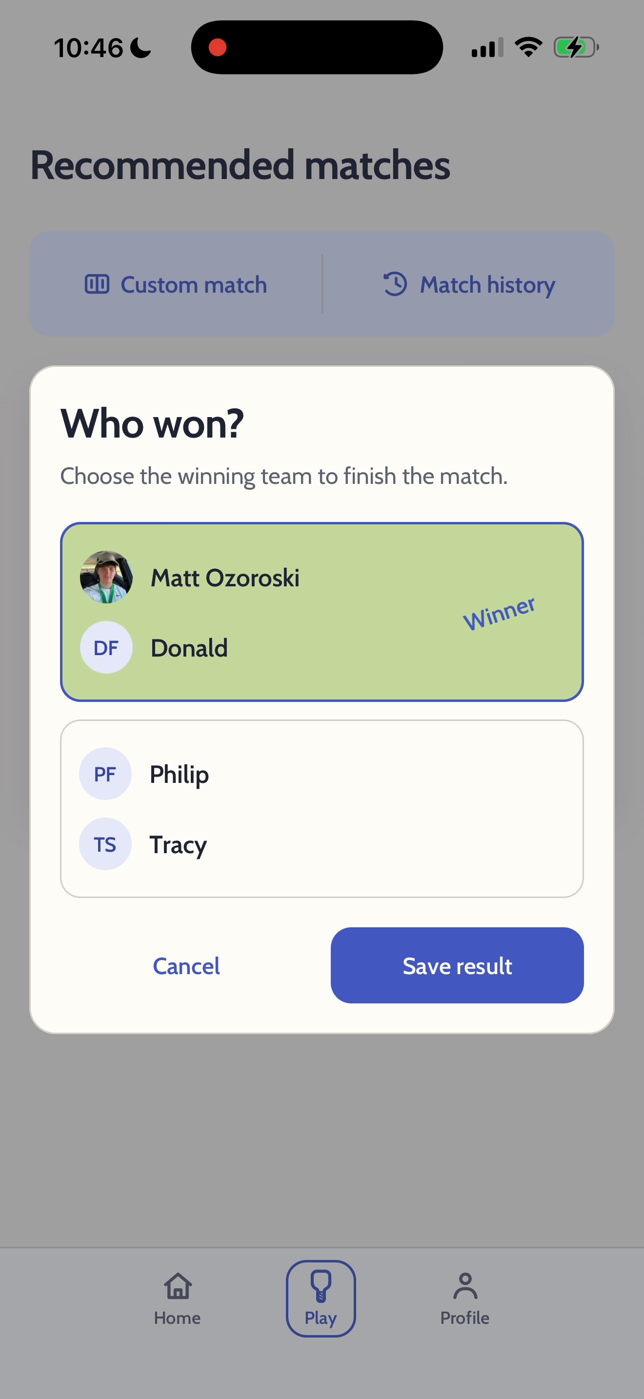 LittlePickle match result screen where players report only the winning team in noncompetitive mode.