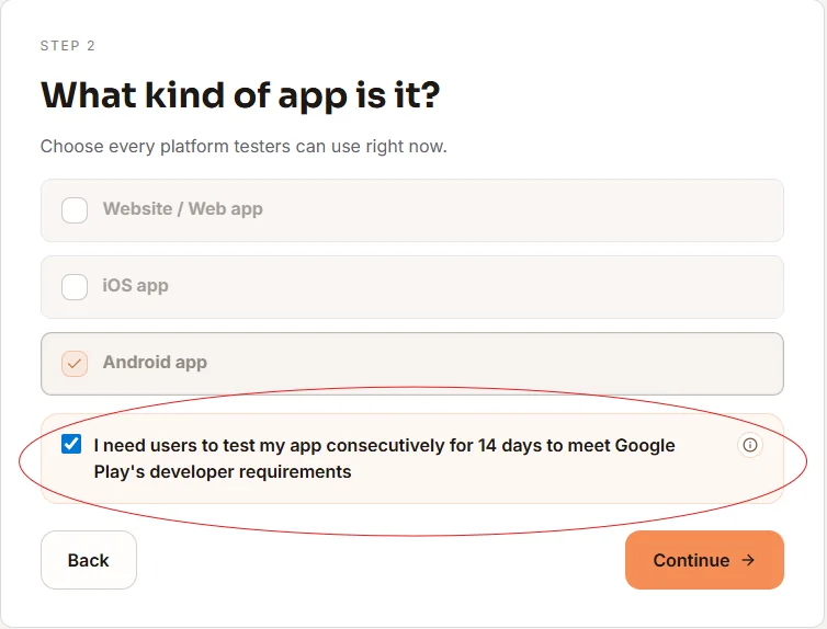 An Android app signup step with an option for testers to keep the app for 14 days.