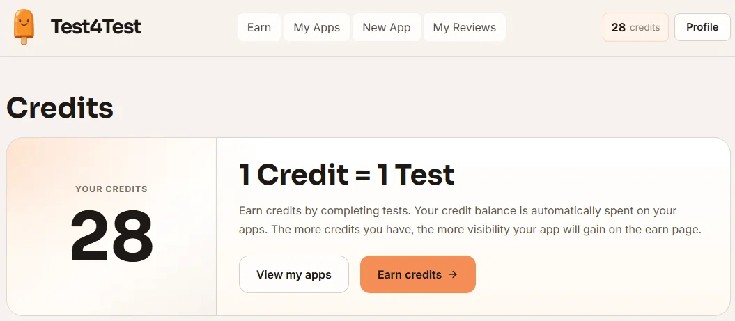 A Test4Test credits page showing an earn-credits module and available tests.