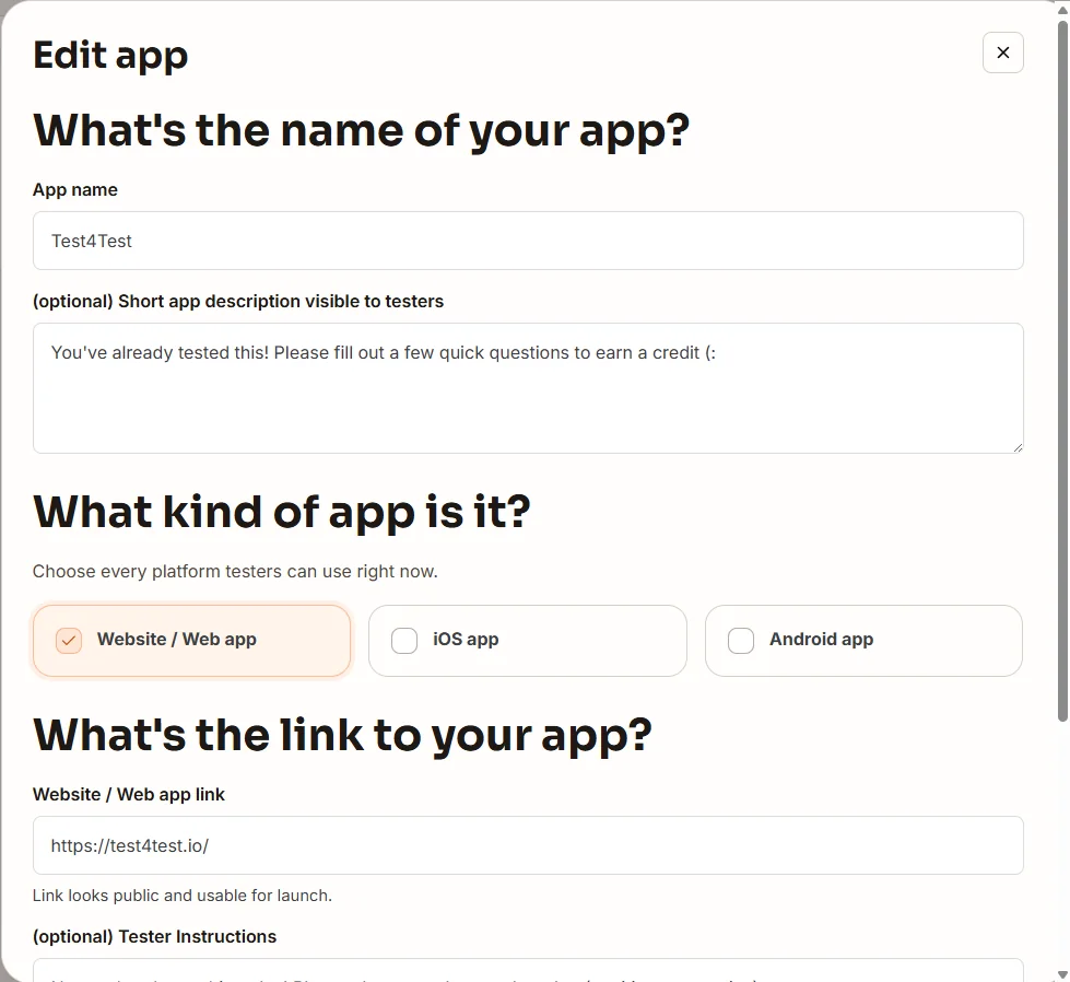 An edit app popup with fields for app name, app type, and app link.