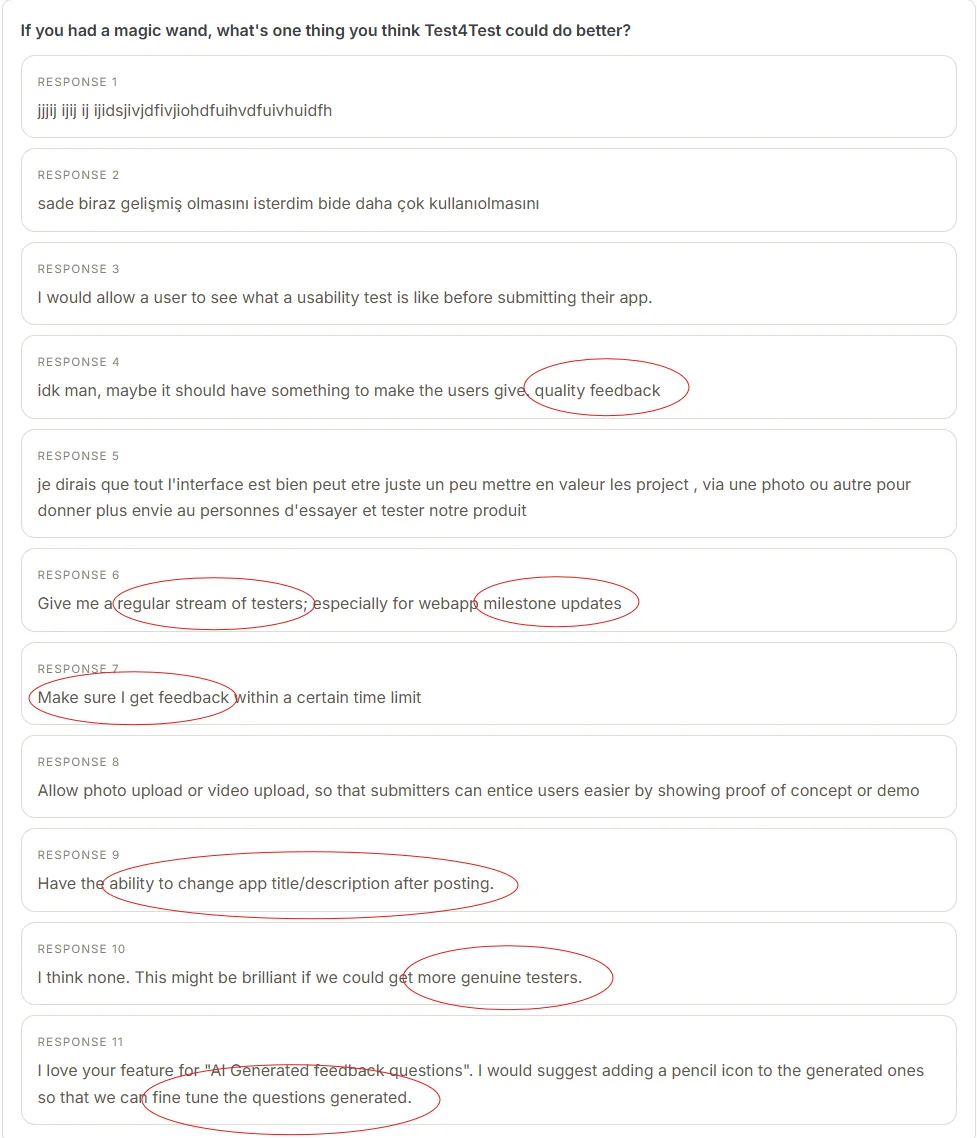 A first version feedback form with several tester comments circled for review.