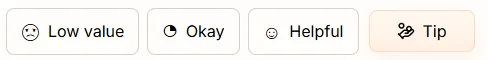 Feedback rating buttons labeled Low value, Okay, Helpful, and Tip.