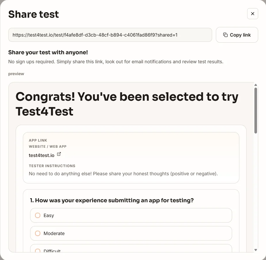 A share test screen previewing a tester invitation email.