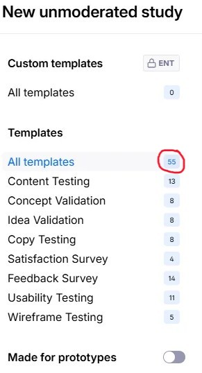 A Maze template selection screen for creating a new unmoderated study.