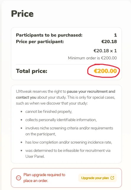 A pricing panel from a user research tool with a total price highlighted.
