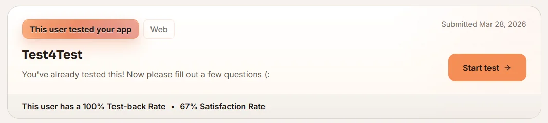 A Test4Test card showing a user's test-back rate and satisfaction rate.